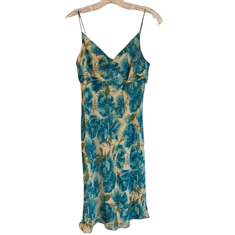 Ann Taylor Silk Spaghetti Strap Mini Dress Blue Floral Lined Size 0 Y2K